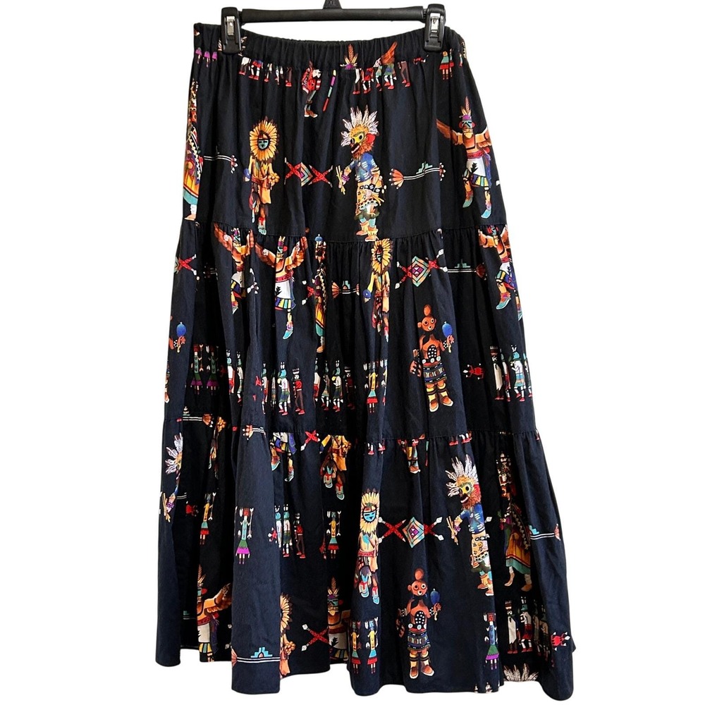 Broom‎ Skirts Black Native American Katchina Doll Print Skirt Bohemian Women